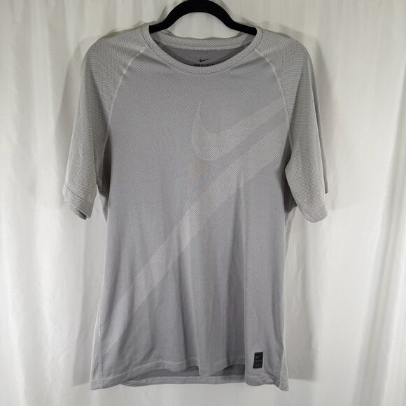 Nike Pro Dri Fit Shirt Men's Large Grey Short Sleeve Swoosh Print Crew Neck - Picture 1 of 9